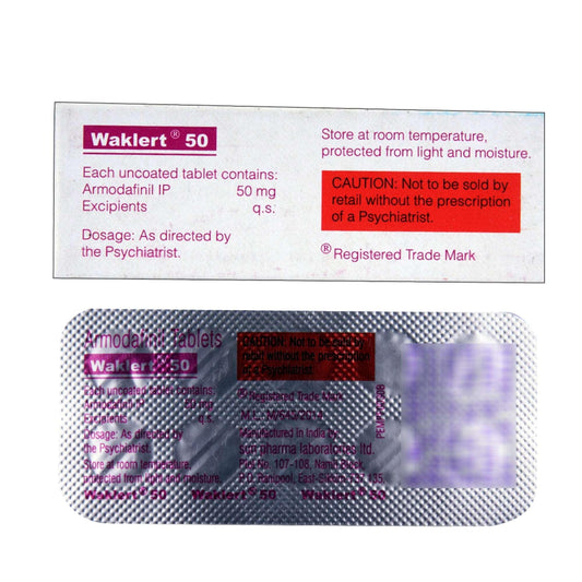 Waklert 50mg tablets containing Armodafinil 50mg for wakefulness promotion